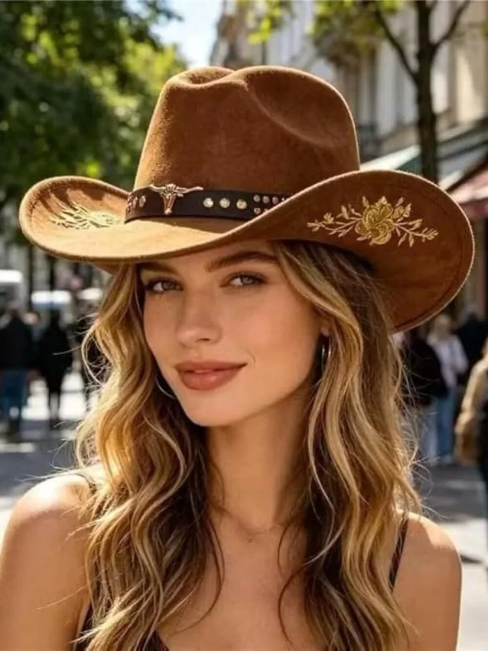 Brown Felt Cowboy Hat Gold Floral Embroidered Cowgirl Hat Rodeo Festival Boho